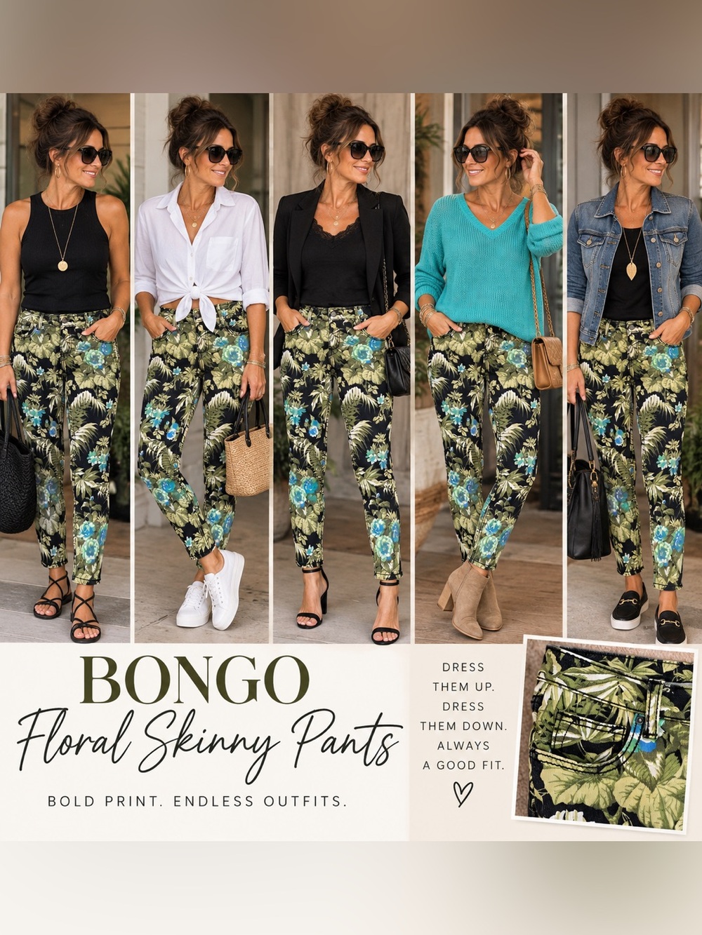BONGO Black Floral Skinny Pants with Green & Teal Print